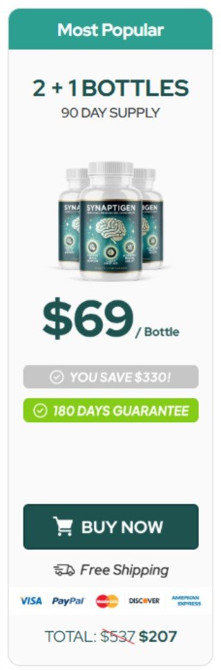 Buy 3 bottles of Synaptigen brain supplement for improved focus and mental clarity